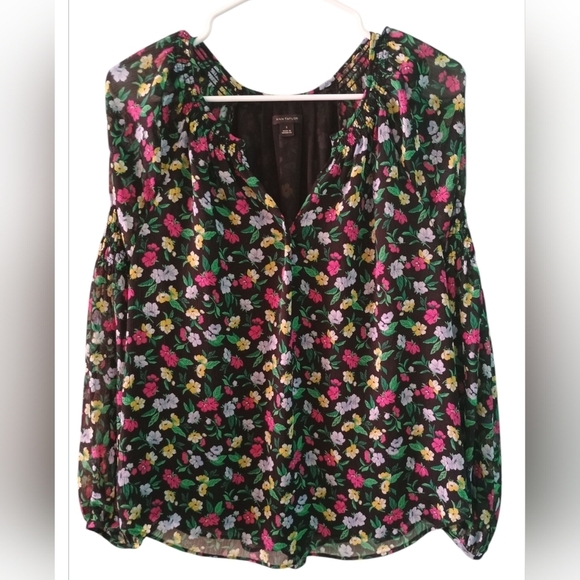 Ann Taylor Floral Split Neck Smocked Sleeves Blouse - Picture 3 of 8